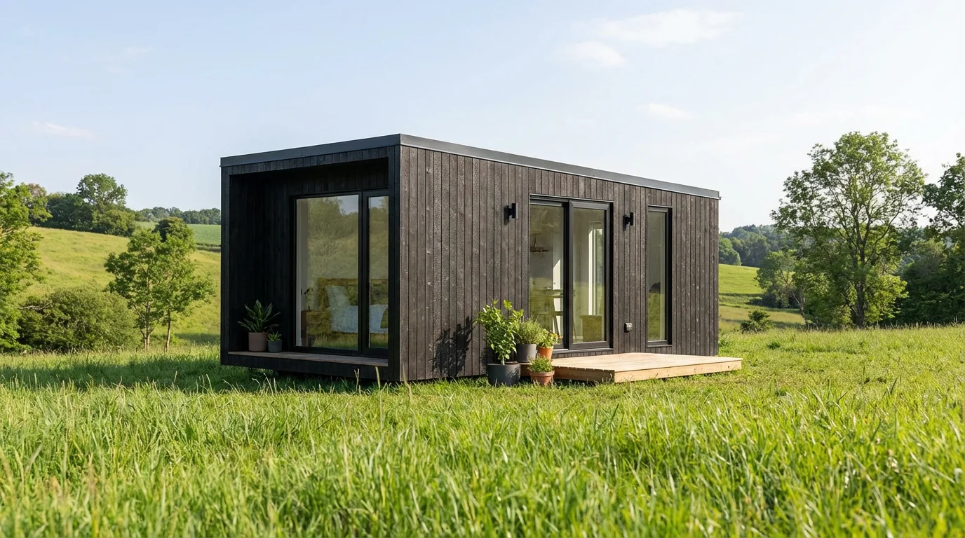 Modern prefab tiny house met Yakisugi gevelbekleding in natuurlijke omgeving met grote ramen